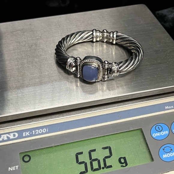 David Yurman Blue Chalcedony Diamond Sterling Silver 18K Gold Cable Bracelet - Picture 10 of 11